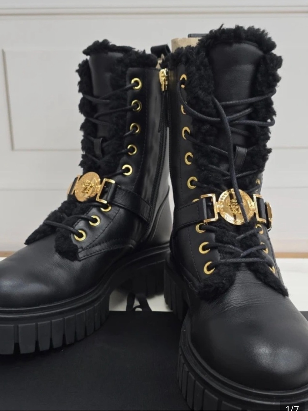 Versace Black Leather Combat Boots with Gold Medallion Hardware